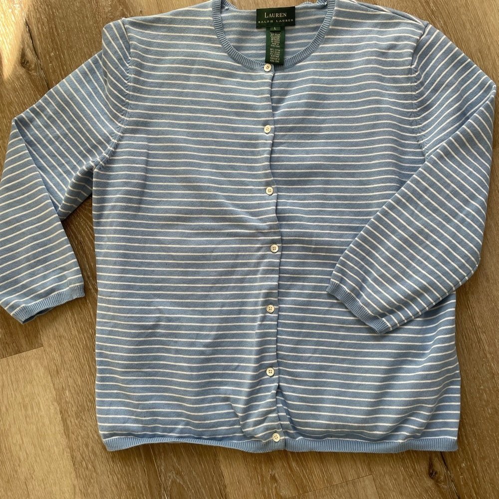 Ralph Lauren Light Blue and White Striped Sweater